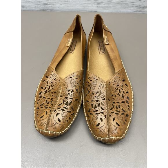 PIKOLINOS Jerez Loafer Brandy Saddle Leather Flats Womens 41 Floral Laser Cut - Picture 2 of 11